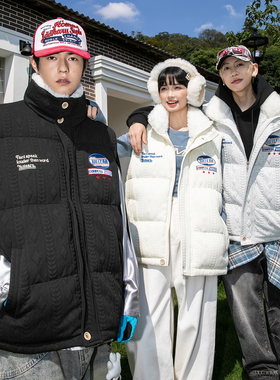 NOTEARS 美式复古重工刺绣字母毛领棉服马甲冬季保暖外套男女同款