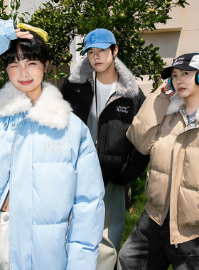 NOTEARS 美式座山雕毛领棉袄情侣字母刺绣面包服棉服外套男女同款