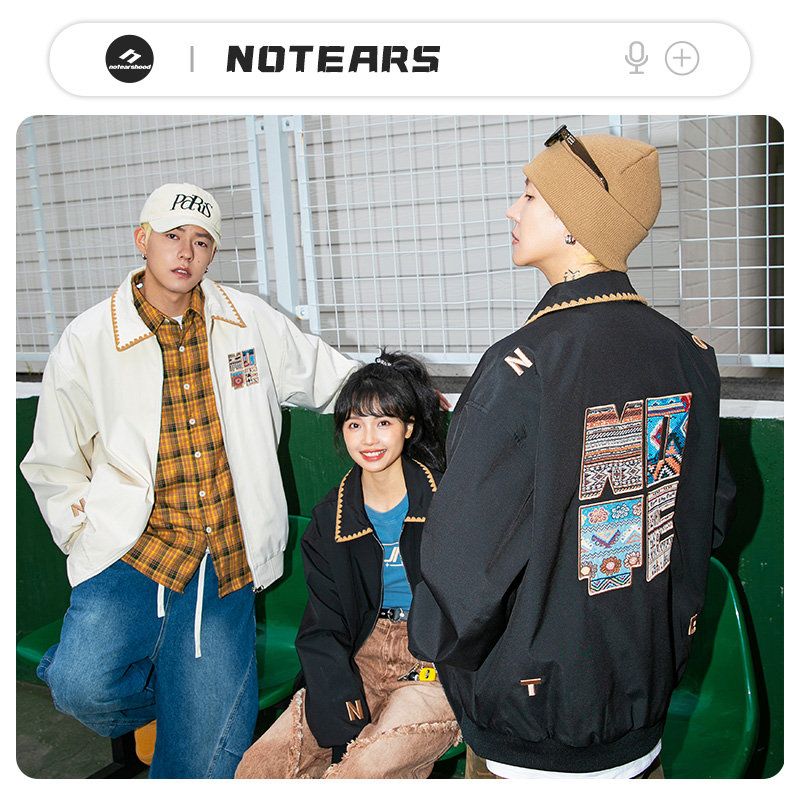 NOTEARS 民族风字母刺绣宽松美式纯色休闲运动夹克外套 男女同款