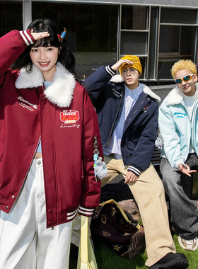 NOTEARS 美式复古刺绣情侣毛领夹克棉衣冬季加厚棉服外套男女同款