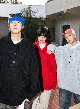 NOTEARS慵懒提花连帽抽绳卫衣打底针织毛衣红色穿搭长袖男女同款