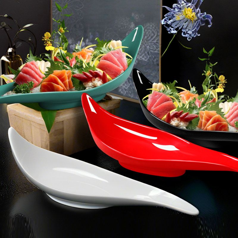 高端密胺海鲜鱼生盘创意餐具商用叶型干冰盘刺身盘三文鱼鱼雕摆盘