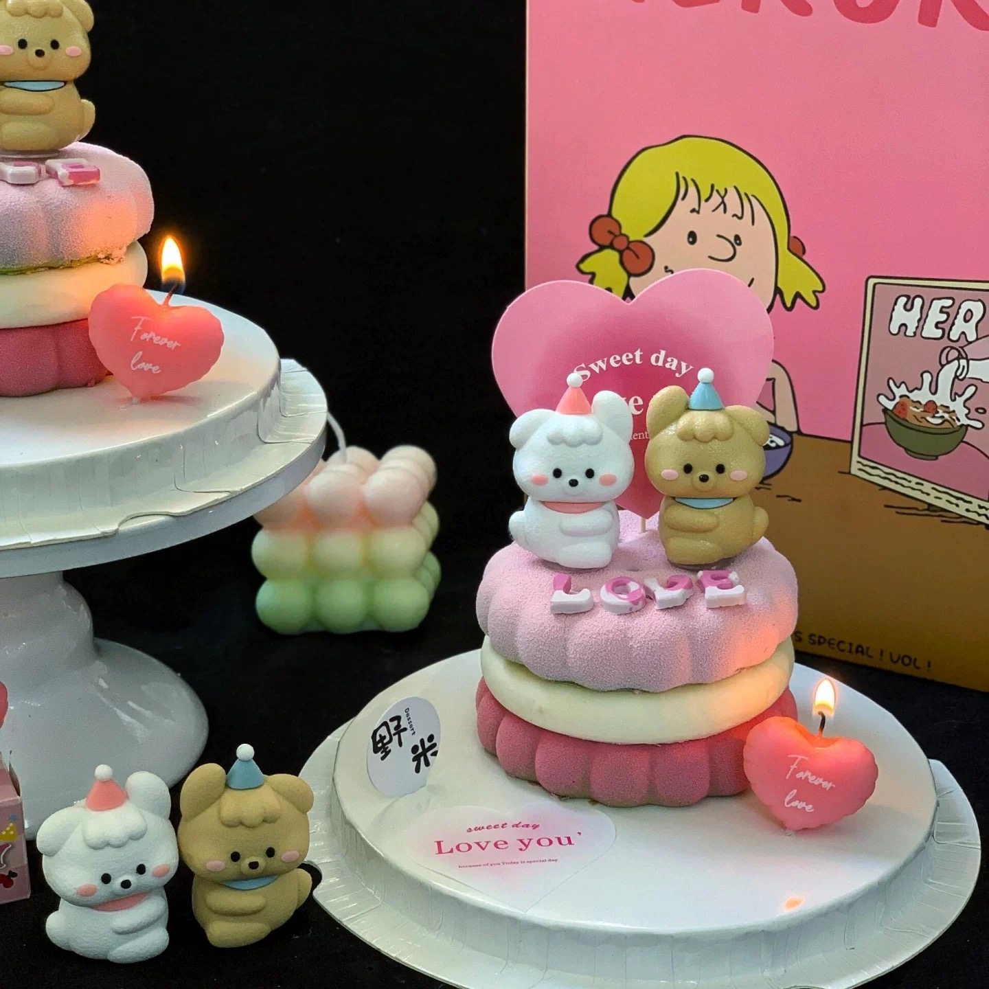 可爱风卡通修狗蛋糕装饰情人节粉色爱心卡片摆件,节庆用品/礼品,节日装扮用品,淘宝优惠券,粉丝福利购,淘宝优惠卷