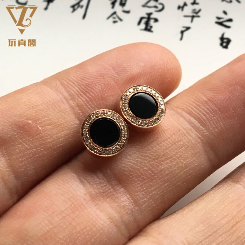 镶耳坠新款上市其他玫瑰金高端玩真阁冰种墨翠18K金镶嵌耳钉女款
