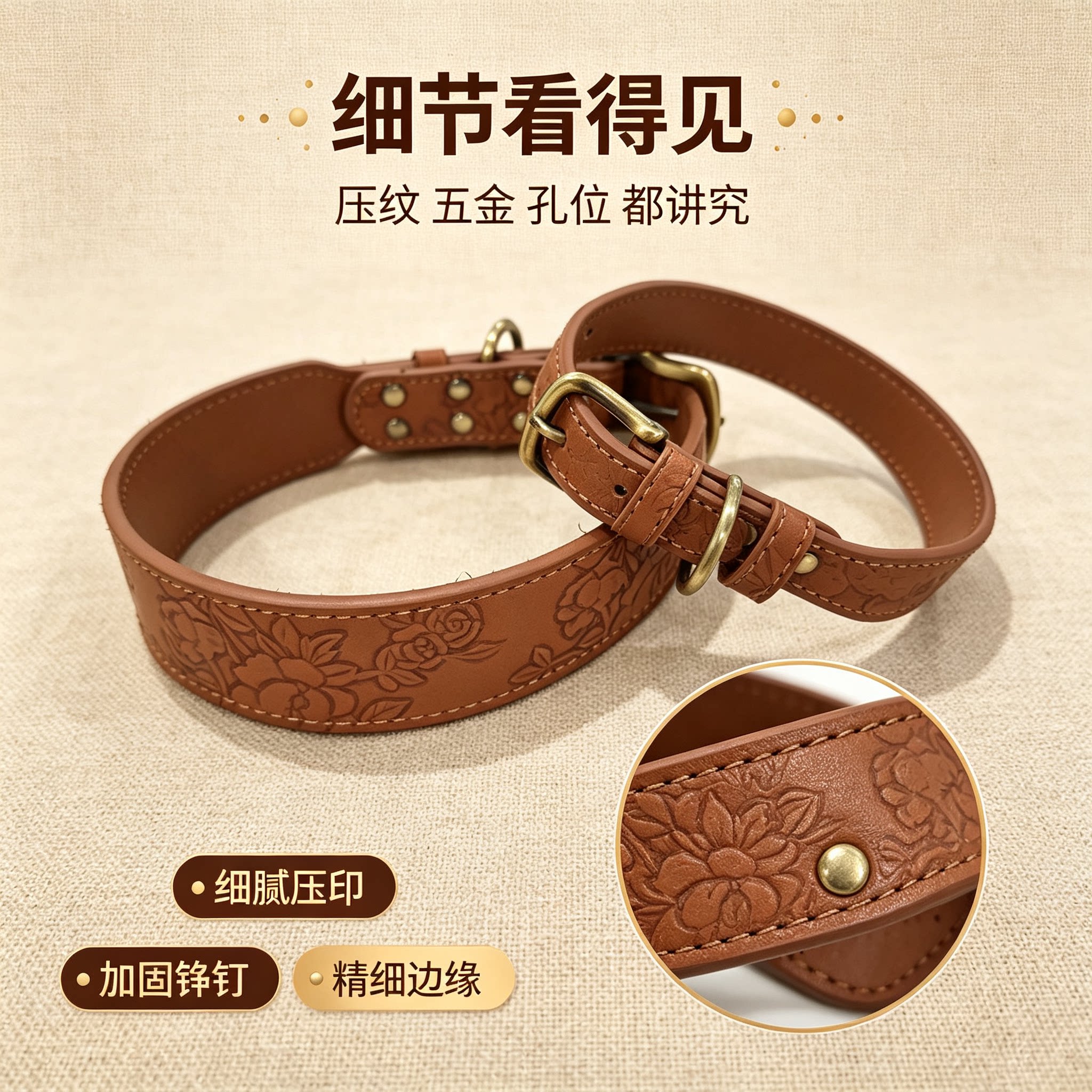 狗狗项圈PU皮革压花宠物项圈中大型狗狗项圈金毛拉布拉多