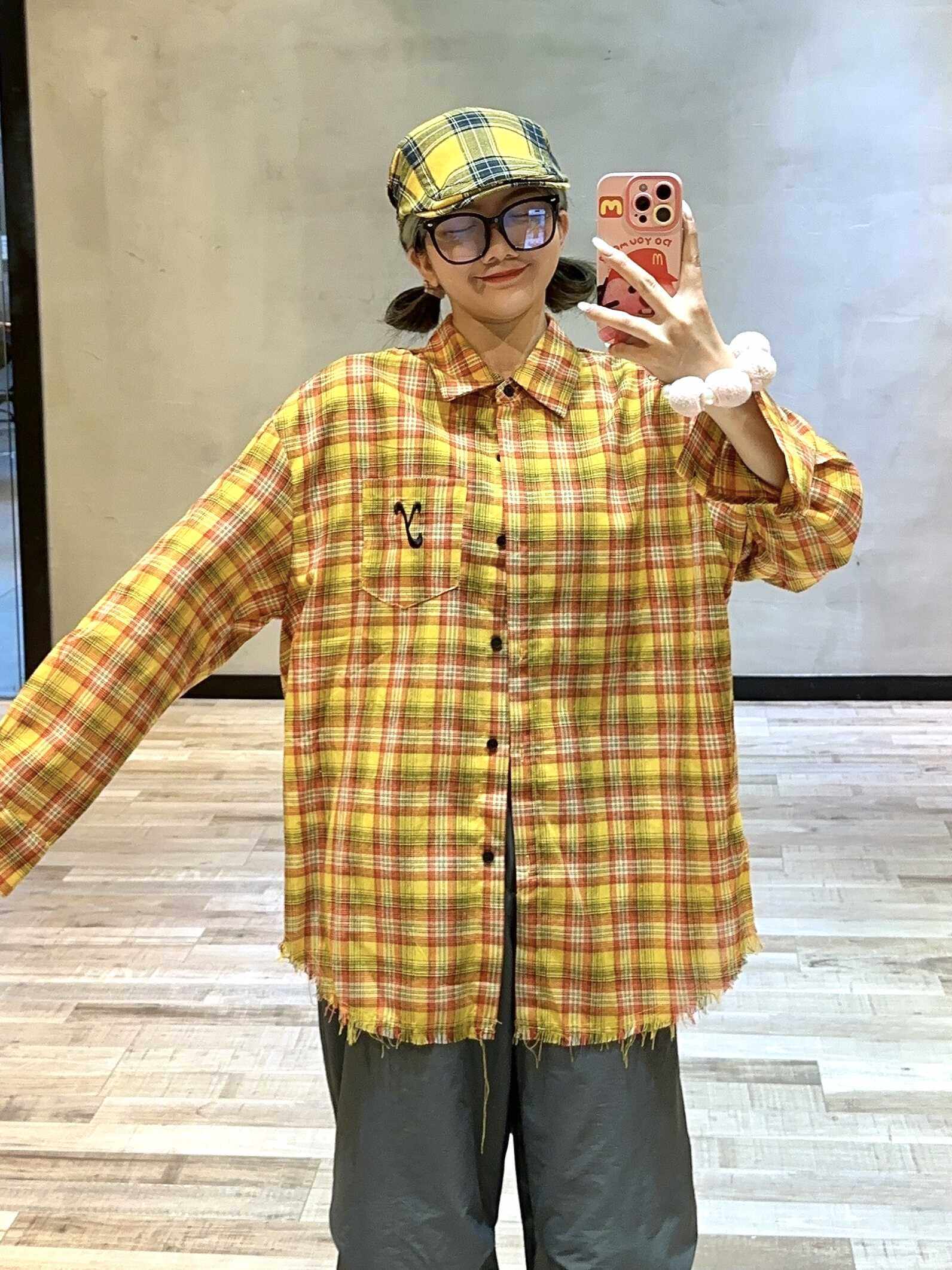 多巴胺黄色格子衬衫外套chic