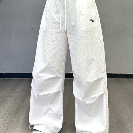 美美的废物 美式街头白色伞兵工装裤女宽松阔腿抽绳长裤跳舞裤子
