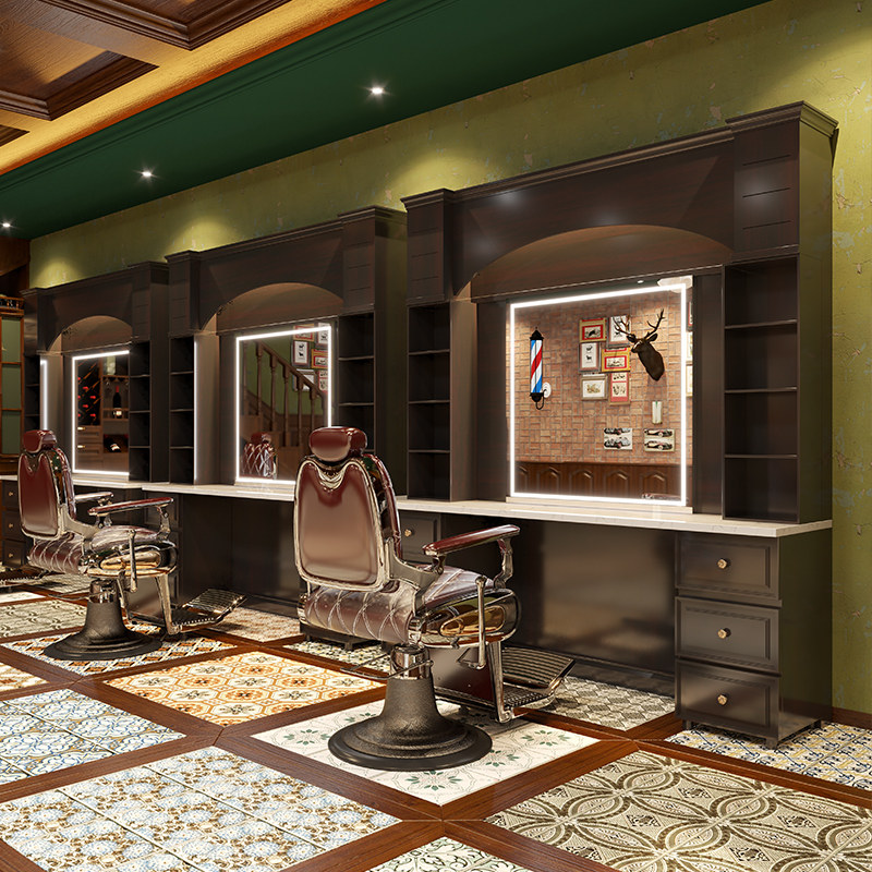 男士理发馆油头镜台复古barber美发店镜子单面剪发镜发廊专用镜台