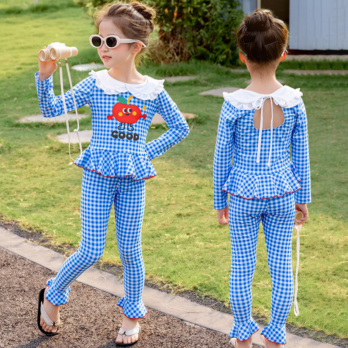 儿童格子分体泳衣千金风女童荷叶边收腰公主泳装防晒长袖裤泡温泉