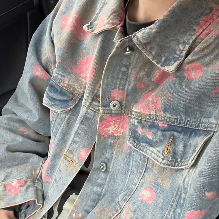 港风牛仔夹克男女情侣个性提花大花上衣服2025秋冬潮流新品外套