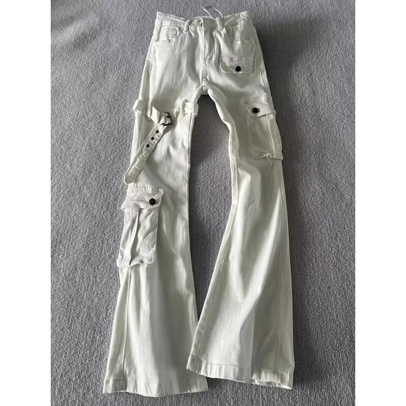 白色绑带微喇牛仔裤男cleanfit美式高街vibe喇叭修身工装裤子秋季