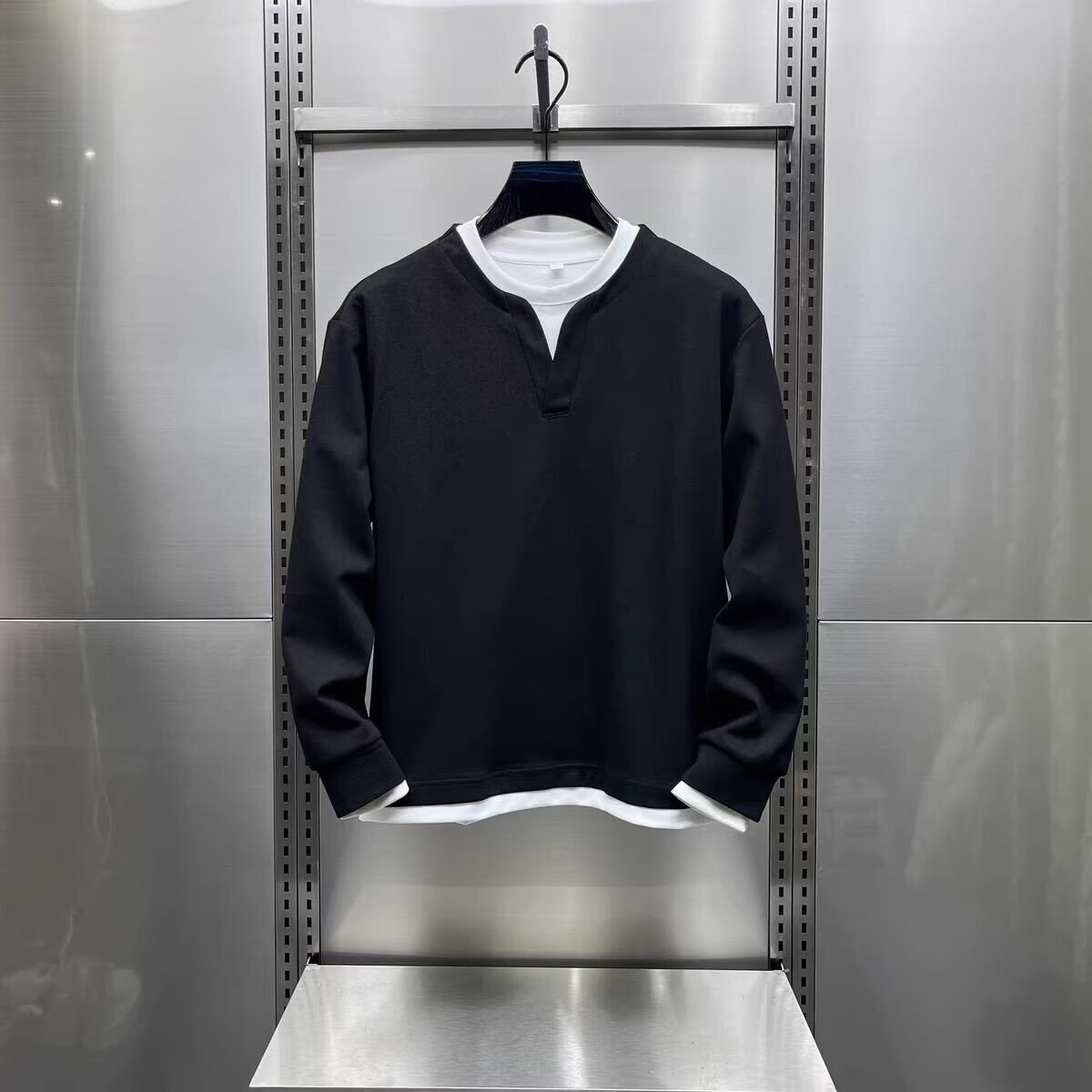 重磅假两件圆领卫衣男士秋冬季长袖t恤时尚百搭休闲纯色无帽上衣