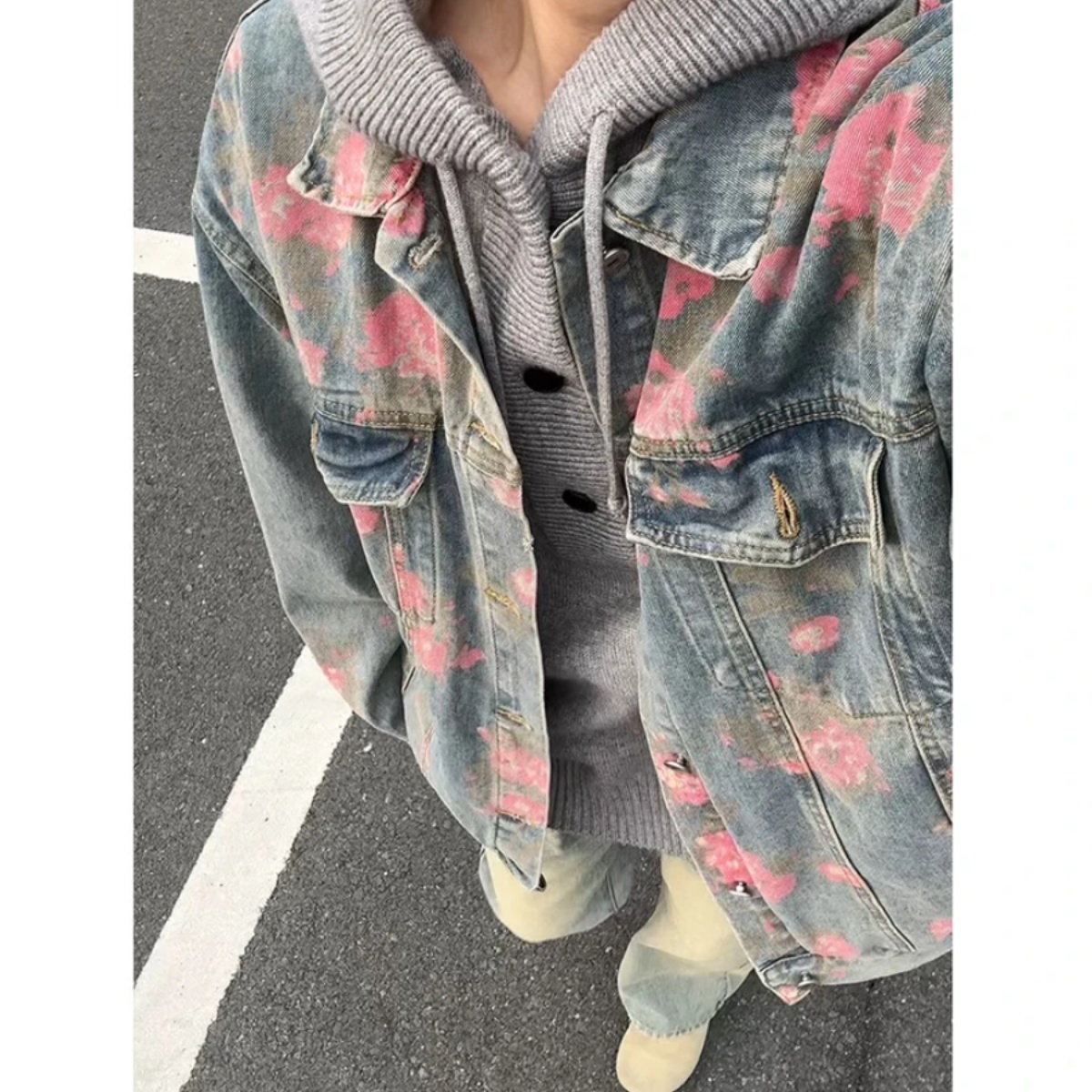 港风牛仔夹克男女情侣个性提花大花上衣服2025秋冬潮流新品外套