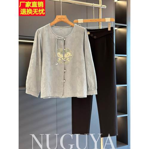 中老年国风棉麻T恤女开衫2025年春秋新款上衣妈妈装休闲气质衬衫