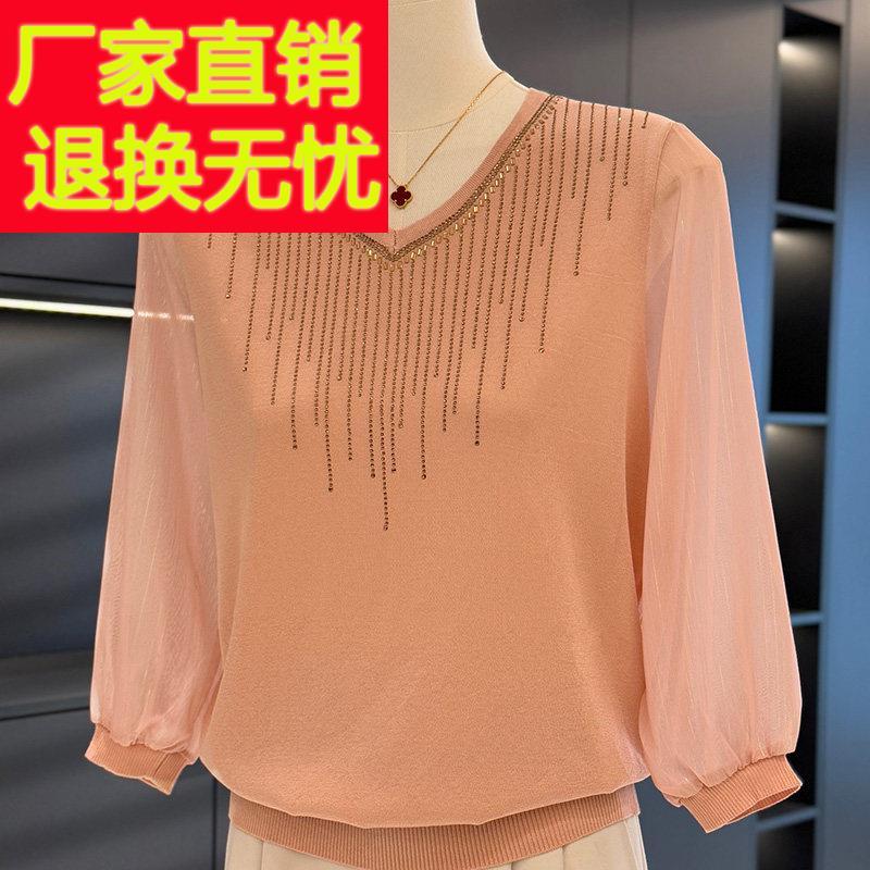 时尚雪纺针织衫女妈妈装七分袖2025年春装新款上衣气质中老年打底
