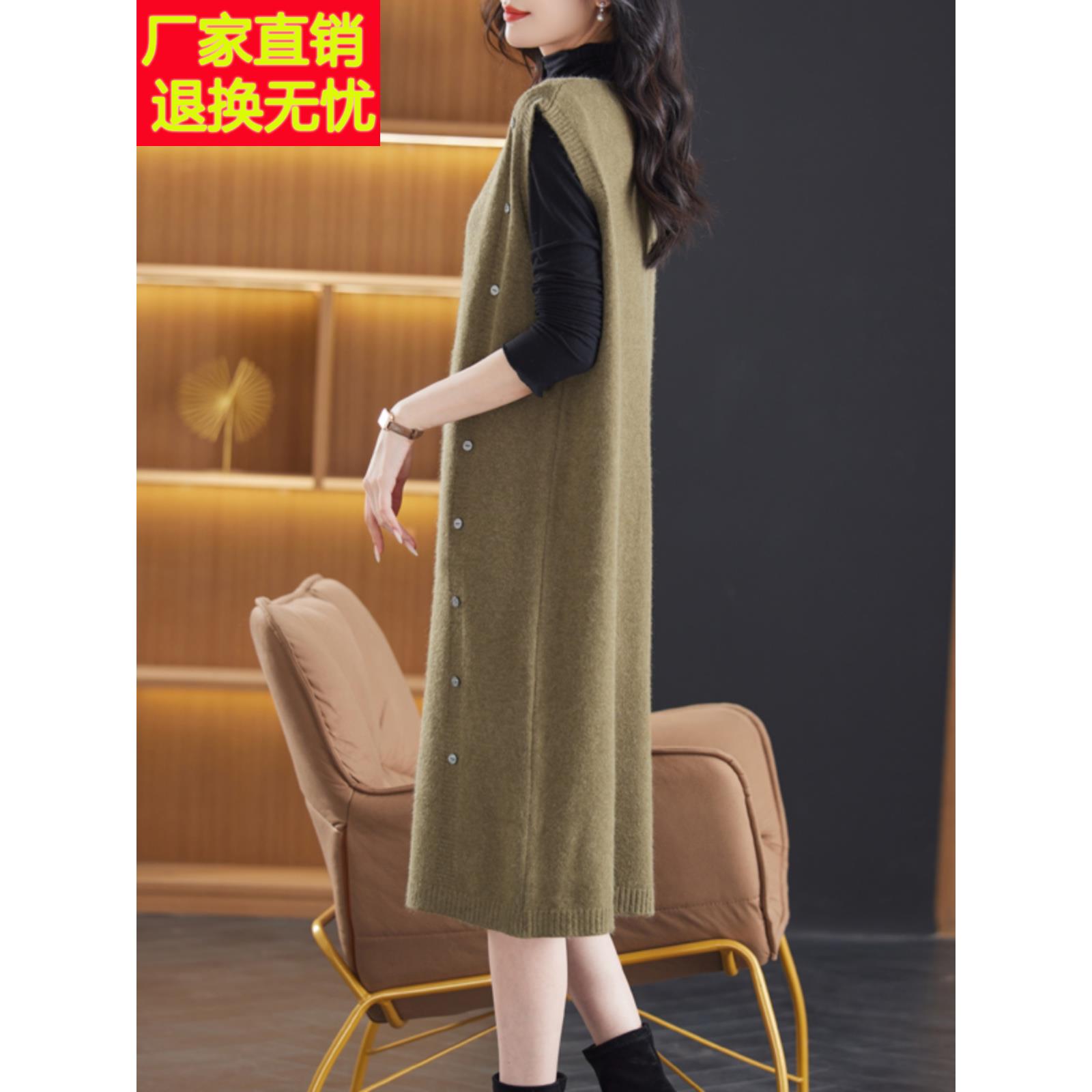 韩版中长款宽松马甲女v领针织连衣裙过膝无袖毛衣坎肩秋冬背心裙