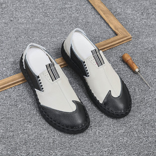 手工男鞋夏季新款头层牛皮男款皮鞋透气高端潮流真皮百搭鞋豆豆鞋