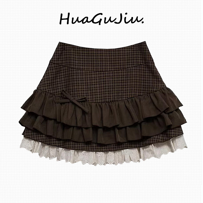 thumbnail for Pre-autumn new chocolate short skirt, women's cake skirt, puffy skirt, heavy work bow, high-waisted lace skirt, ballet style