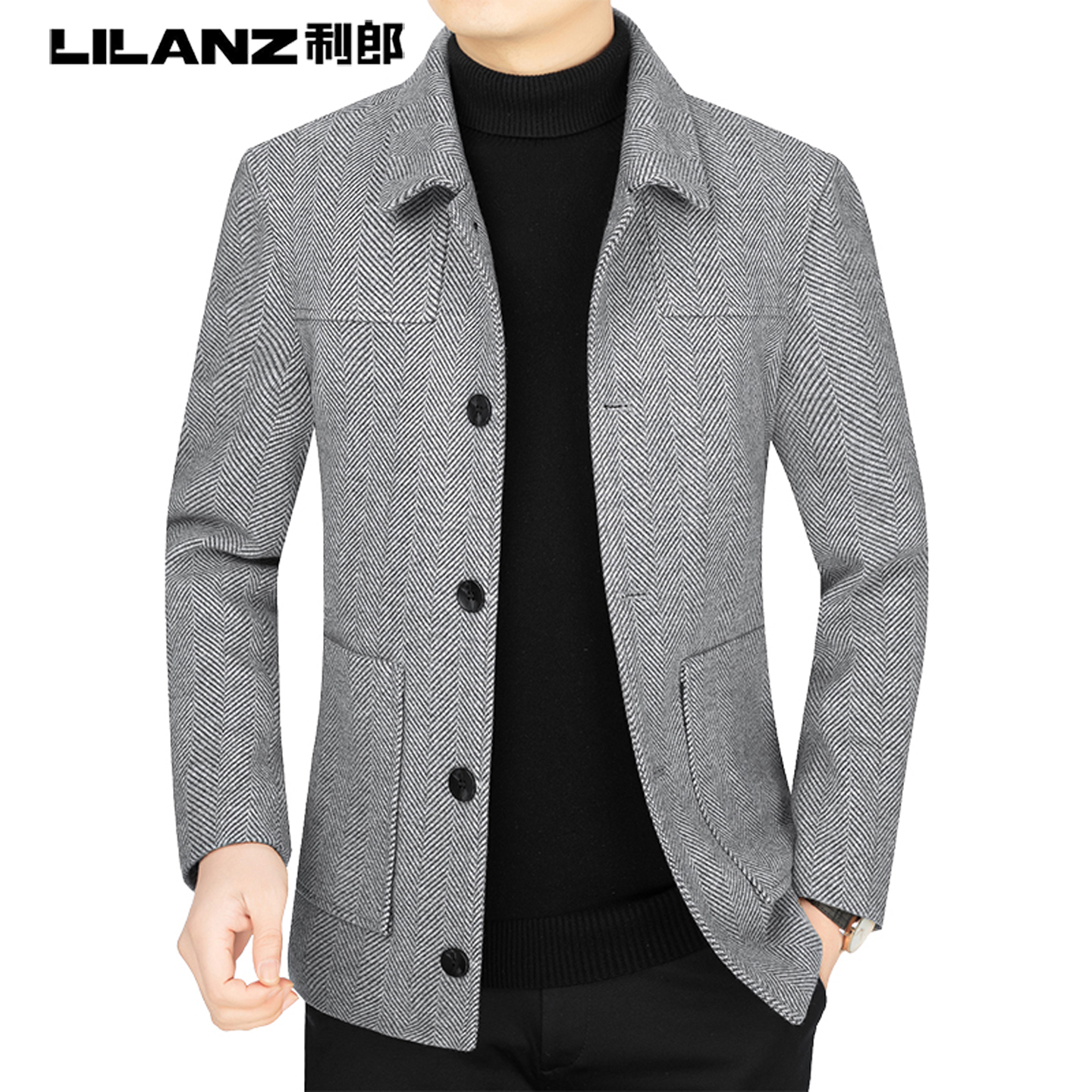 利郎商务男装中年男士翻领行政夹克秋冬新款宽松羊毛呢外套爸爸装