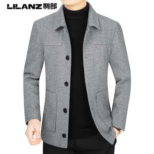 利郎商务男装中年男士翻领行政夹克秋冬新款宽松羊毛呢外套爸爸装