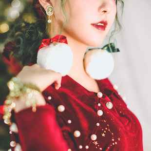 圣诞&新年限定 原创设计 小雪球 大兔毛球蝴蝶结耳夹 配饰