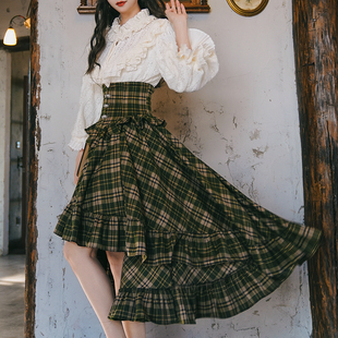 弥爱原创 宫廷复古维多利亚格纹束腰燕尾大摆裙厚长裙 月影圣歌