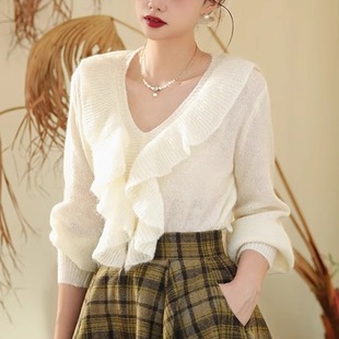 灯笼袖 弥爱 复古荷叶边收腰针织衫 马海毛羊毛法式 毛衣 奶油泡芙