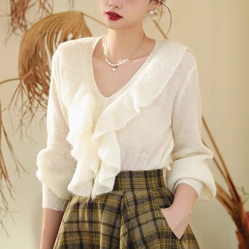 马海毛羊毛法式复古荷叶边针织衫