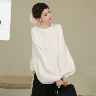雪绒绒 白色针织衫 法式 毛衣长款 冬 复古超宽松大灯笼袖 弥爱原创