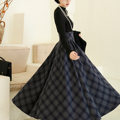 法式复古羊毛呢高腰超大摆长裙