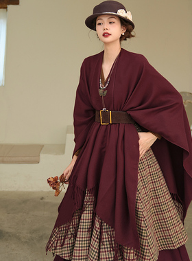 【配饰】弥爱 超大尺寸仿羊绒加长款外套式流苏披肩 秋冬百搭神器