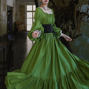 天丝束腰高腰大摆连衣裙 宫廷复古方领灯笼袖 弥爱原创 西洋茶会
