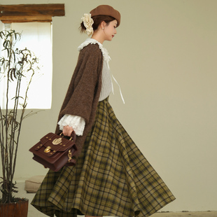 复古羊毛呢加厚高腰格纹大摆伞裙半身裙 法式 弥爱原创 孤独花园