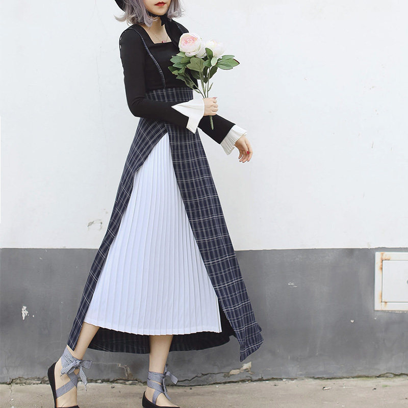 原创设计春新法式复古格子百褶撞色背带裙英伦高腰A字不对称长裙|msdalam kategori Butik wanita / wanita, skirt - dari Buy2taobao.com untuk memberikan perkhidmatan ejen Taobao profesional membeli