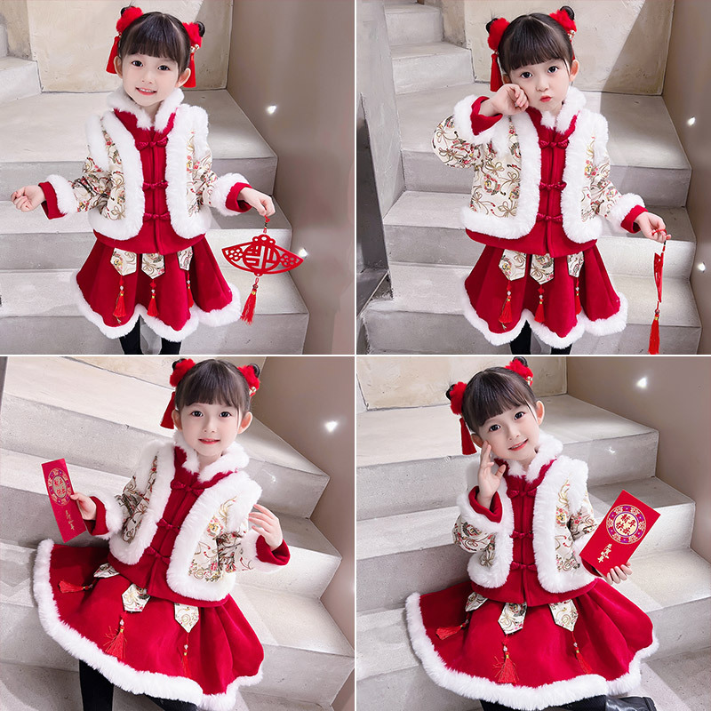儿童拜冬年服喜庆风汉服女童新年衣服中国风唐装过年宝宝周岁礼服
