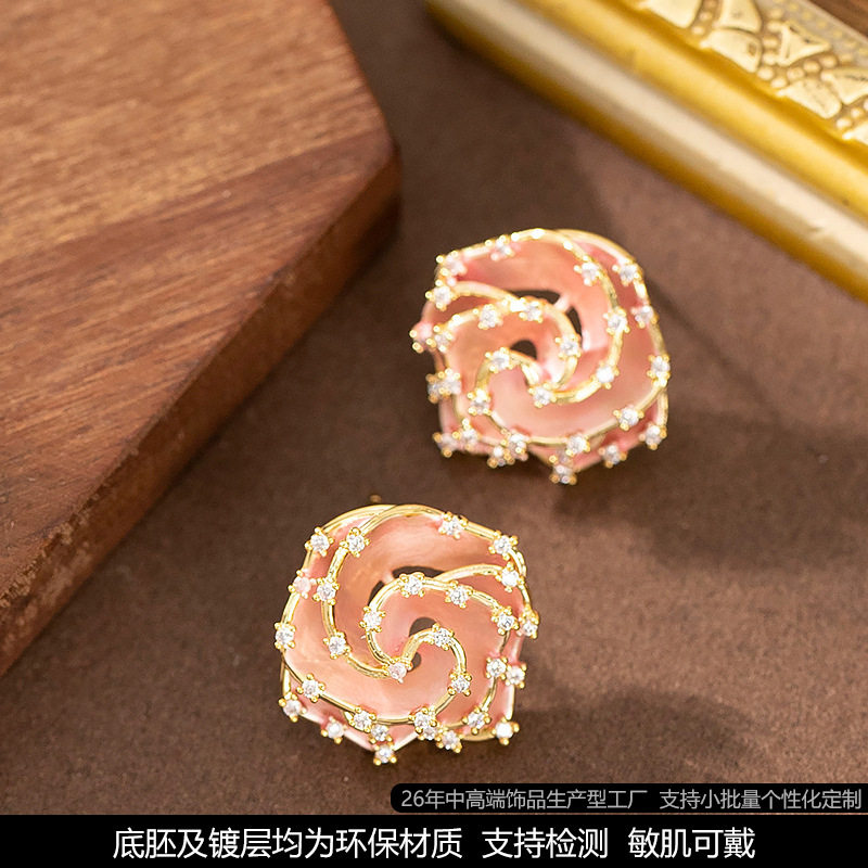 跨境时尚精致简约滴油镶钻立体玫瑰花耳钉高级感轻奢有质感耳饰女