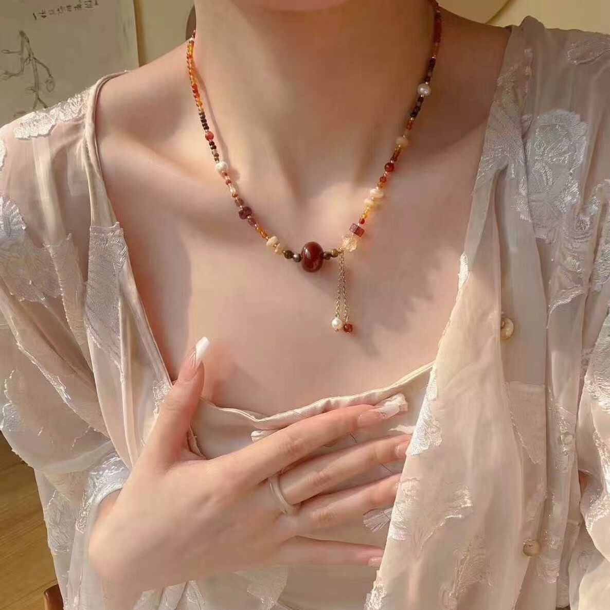 秋冬复古天然石串珠项链 日常搭配小众锁骨链 网红叠戴配饰批发