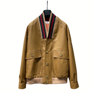 RC欧货 卡其色 web条纹领G家闭绒羊皮飞行员宽松夹克老詹同款