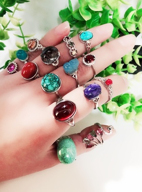 清仓处理捡漏天然石榴石碧玺海蓝宝绿幽灵戒指粉晶月光石黑戒指