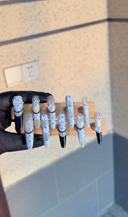 奶蓝蕾丝蝴蝶结纯手工穿戴甲 甜酷长款手绘可拆卸美甲