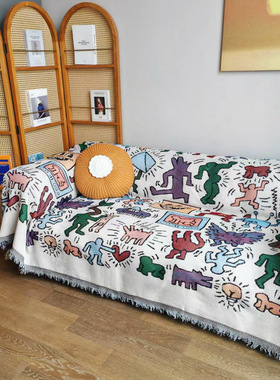 北欧风卡通涂鸦沙发盖布沙发巾四季通用高级感艺术风格沙发盖布巾