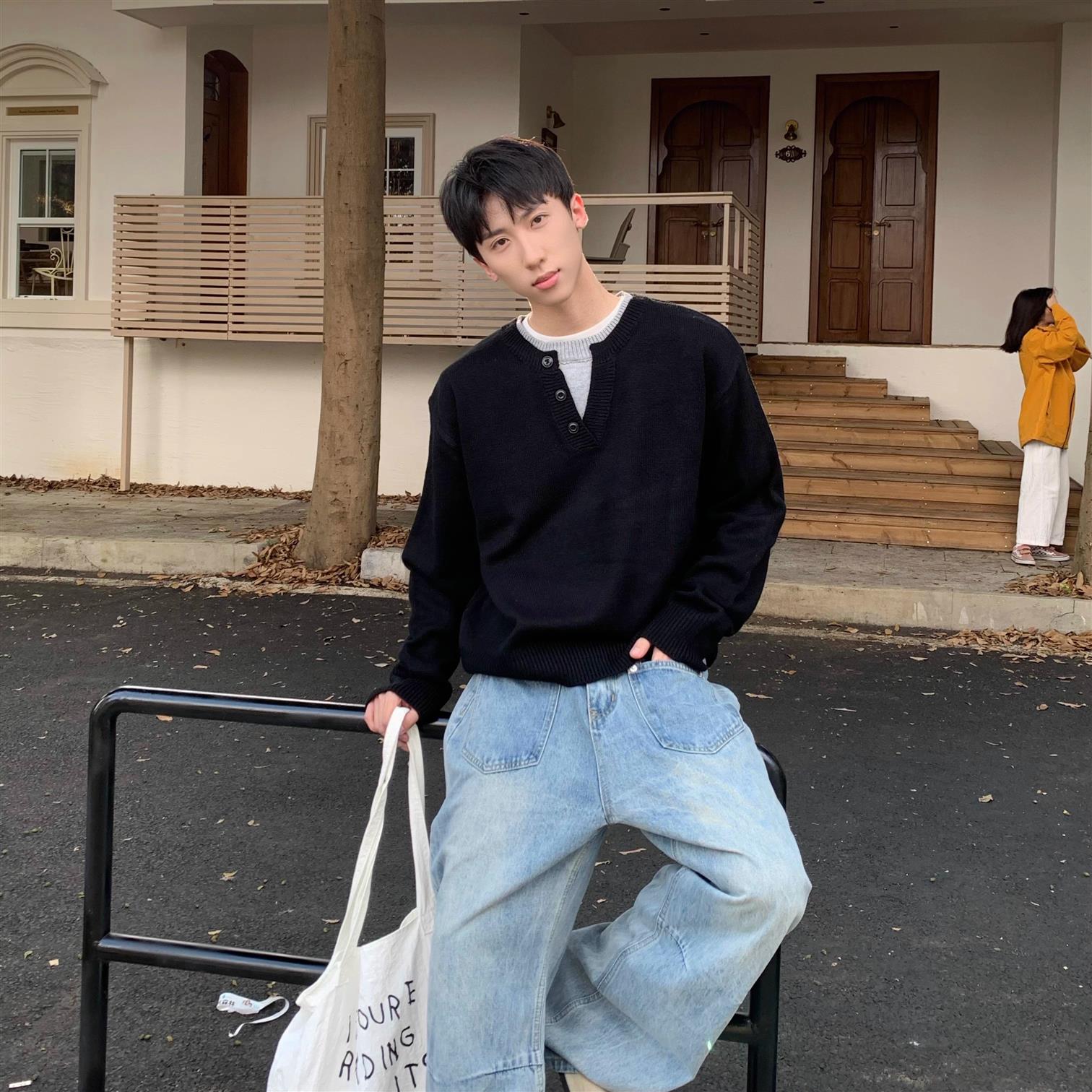 ROOR 美式潮牌假两件半开亨利领简约百搭男女情侣套头针织毛衣潮