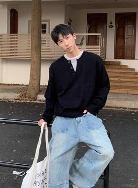 ROOR 美式潮牌假两件半开亨利领简约百搭男女情侣套头针织毛衣潮