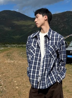ROOR 美式复古毛边长袖格子衬衫男女高级感痞帅格纹工装衬衣外套