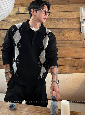 OXFREAK「交叉菱格提花」老钱风海鸥领毛衣男秋冬季polo领针织衫