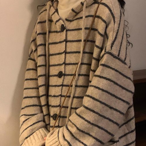 NAGA自制秋冬日系复古学院风条纹连帽套头毛衣男女加厚针织衫上衣