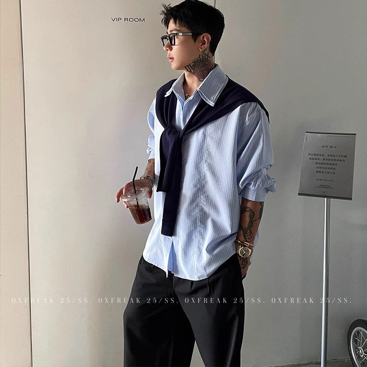 OXFREAK 「可拆卸披肩」蓝条纹长袖衬衫男设计感小众宽松廓形衬衣