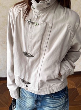 Apocket美式解构设计飞机扣立领夹克男女vintage复古短宽做旧外套