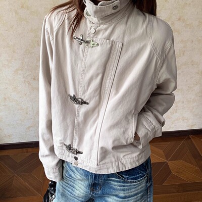 Apocket美式解构设计飞机扣立领夹克男女vintage复古短宽做旧外套