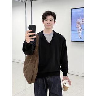 日系简约V领假两件拼接黑色针织衫男女秋季休闲宽松内搭保暖毛衣